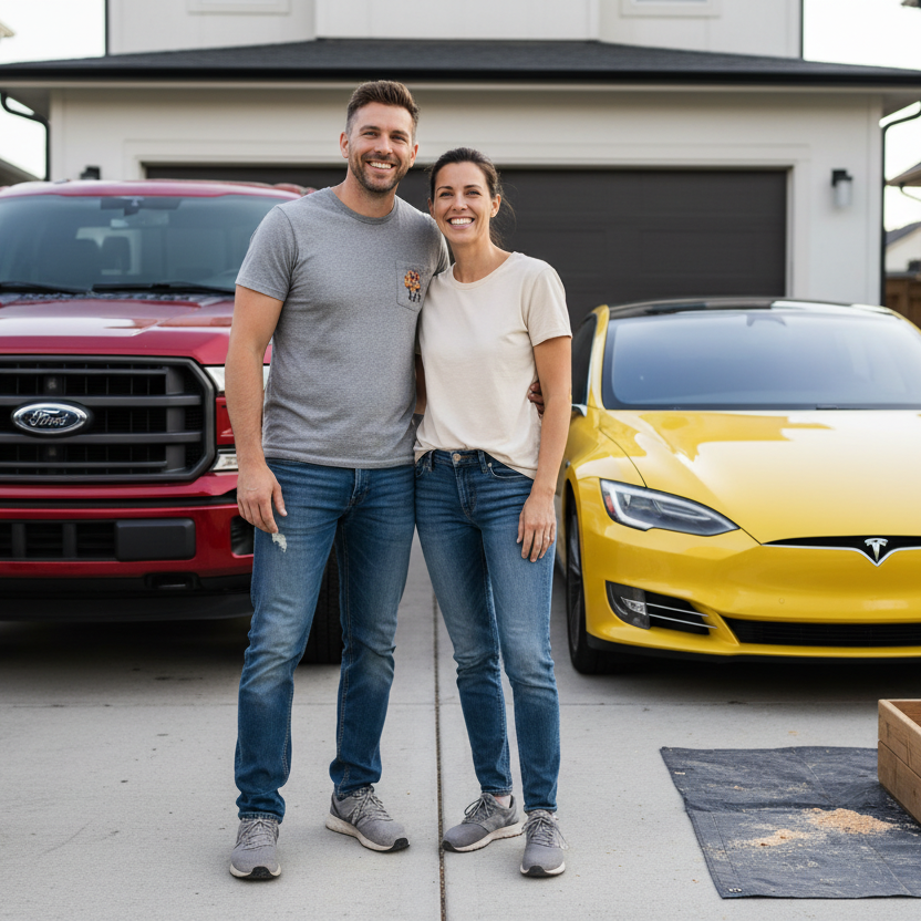cars should be current, not vintage. the couple should be casual, like they're doing chores on a weekend, not going to church