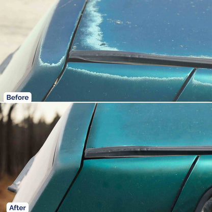 Before and after comparison showing a severely faded teal section restored using PaintScratch pro-size paint and clearcoat.
