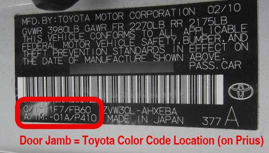 Location of Toyota paint code in the door jamb of a Prius