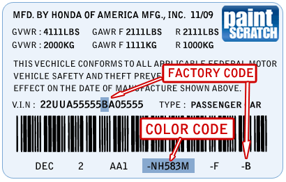 Acura Color Code and Factory Code Locations on an Acura Color ID tag