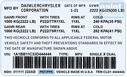 2016 Chrysler Color Chart