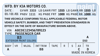 Kia Color Code placement on a Kia Color ID tag