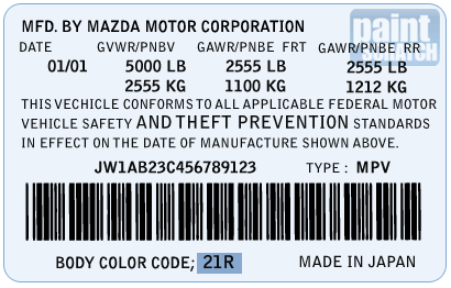 Mazda Color Code placement on a Mazda Color ID tag