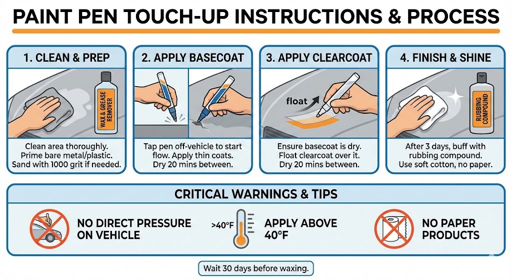 Step-by-step paint pen application process showing cleaning area with wax remover, applying primer to bare metal, applying thin basecoat layers, floating clearcoat over basecoat, and final polishing with rubbing compound