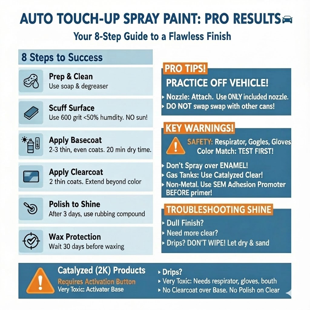 8-step infographic guide to automotive spray paint touch-up: clean surface, scuff with sandpaper, check temperature and humidity, spray even basecoat layers, apply clearcoat to panel edges, polish with rubbing compound for professional shine, wait 30 days before waxing